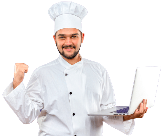 chef foodie con laptop